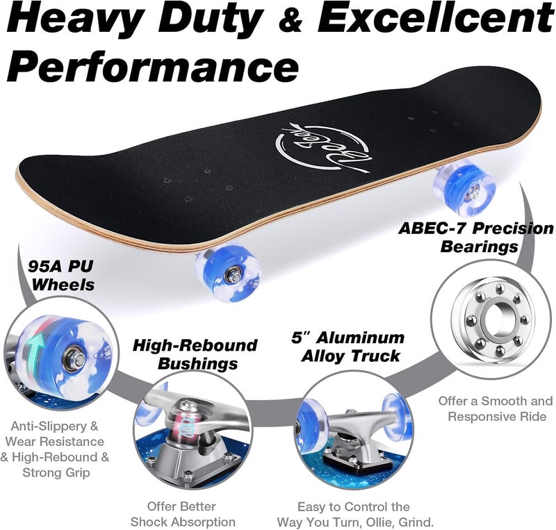 BELEEV Skateboards for Beginners, 31 x 8 inch Complete Skateboard for Kids Teens Adults, 7 Layer Canadian Maple Double Kick Deck Concave Cruiser Trick Skateboard with Multifunction Skate T-Tool - Image 5